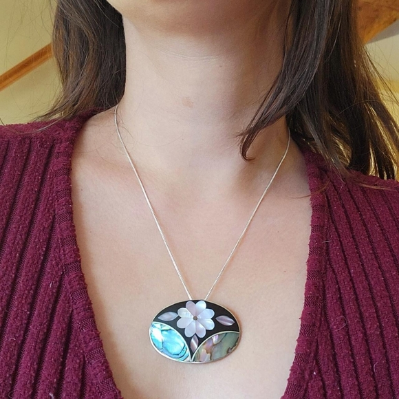 Vintage Mexican Alpaca Handmade Abalone Mother of Pearl Necklace & Brooch Pin